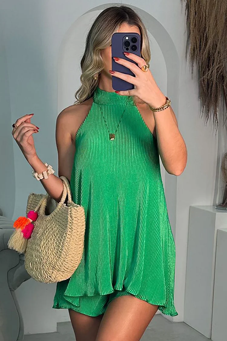 Sleeveless Pleated Halter Backless Vacation Mini Dresses
