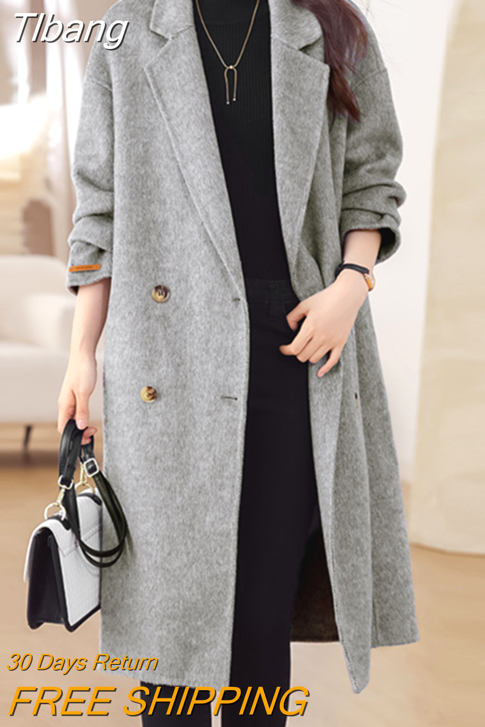 Tlbang Fall and Winter Elegant Double-breasted Warm Wool Coat Female Korean Version of the Fashion Loose Coat Simple Long Section