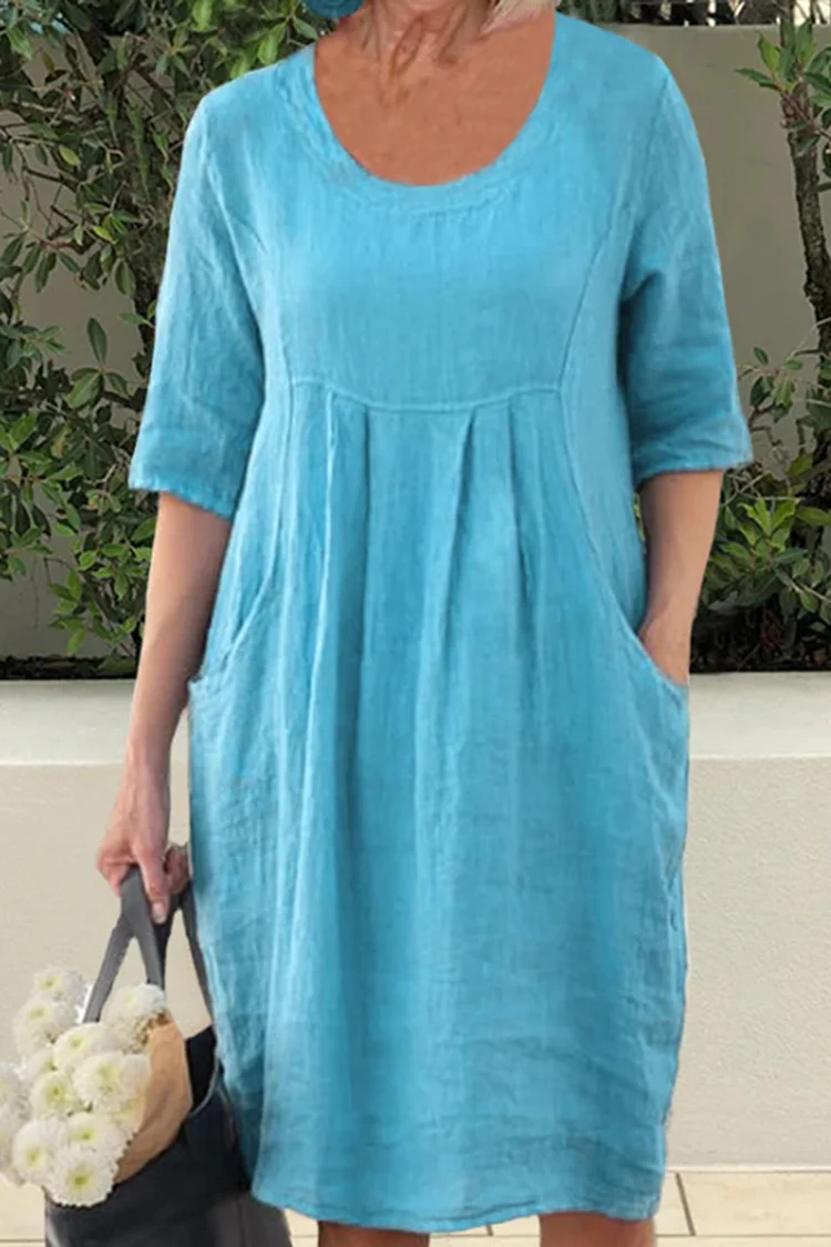 Pleated Round Neck Half Sleeve Solid Color Linen Midi Dresses