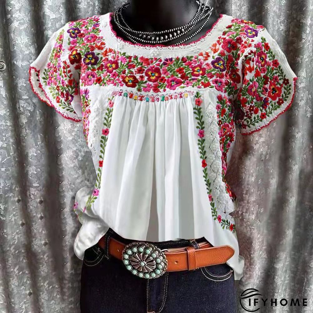 Women's T shirt Tee White khaki Floral Print Short Sleeve Holiday Weekend Basic Round Neck Regular Floral Painting S | IFYHOME