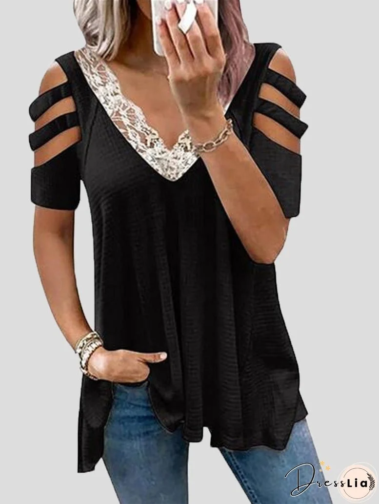 T-Shirts V-Neck Lace Off Shoulder T-Shirt for Women
