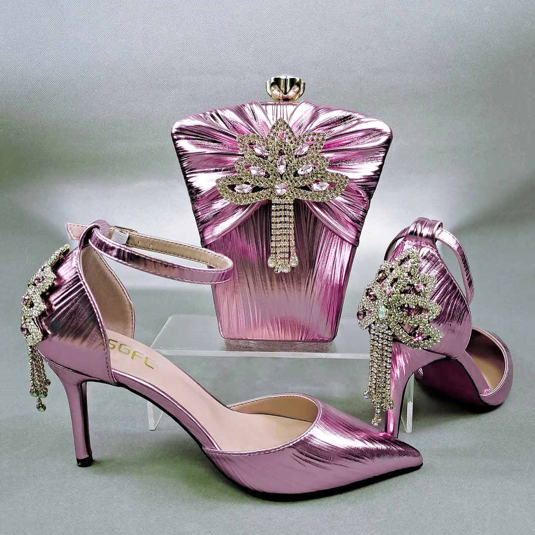 QSGFC Spring New Italian Design Embossed Smooth Leather Women Pink Shoes And Bag Set For Party High Quality Lady Occasion Shoes