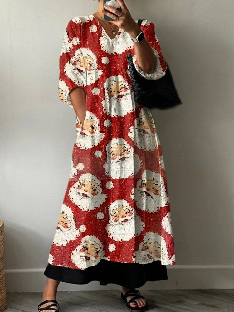 Women's  Retro Santa  Print Pocket V-neck Cotton Dress