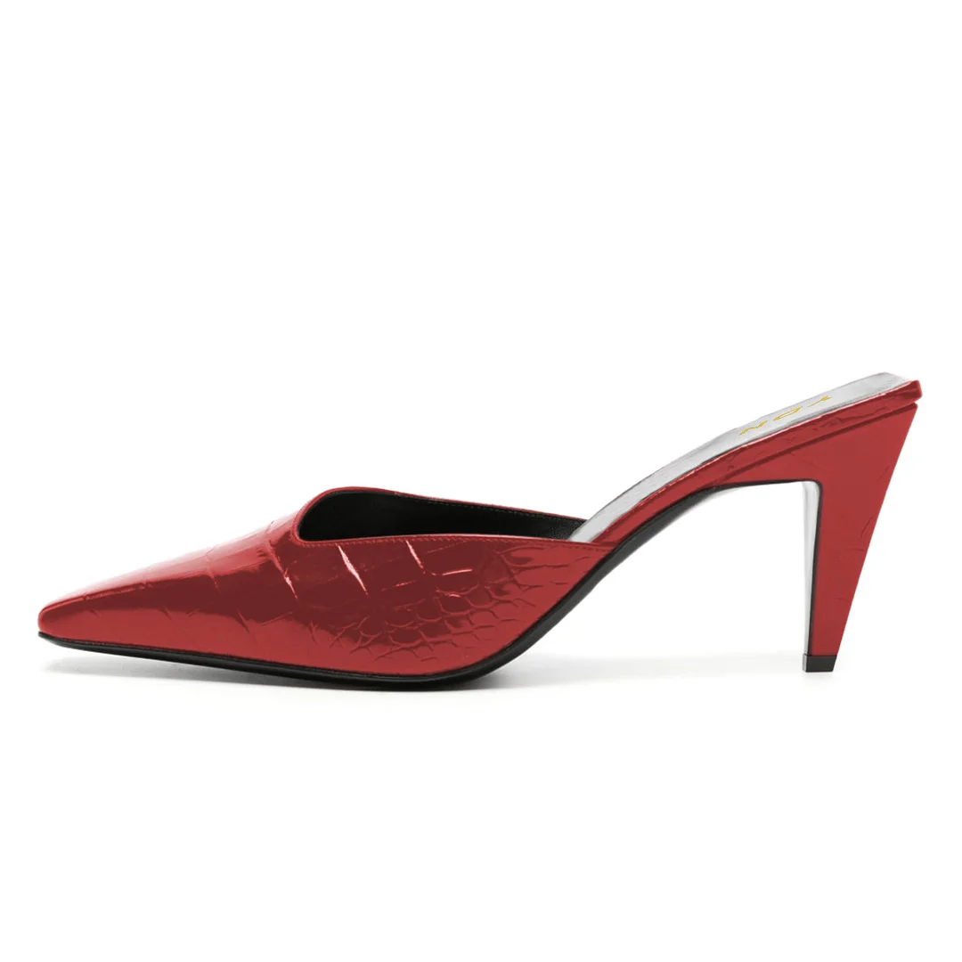 Red Crocodile Embossed Cone Heel Mules Shoes with Square Toe