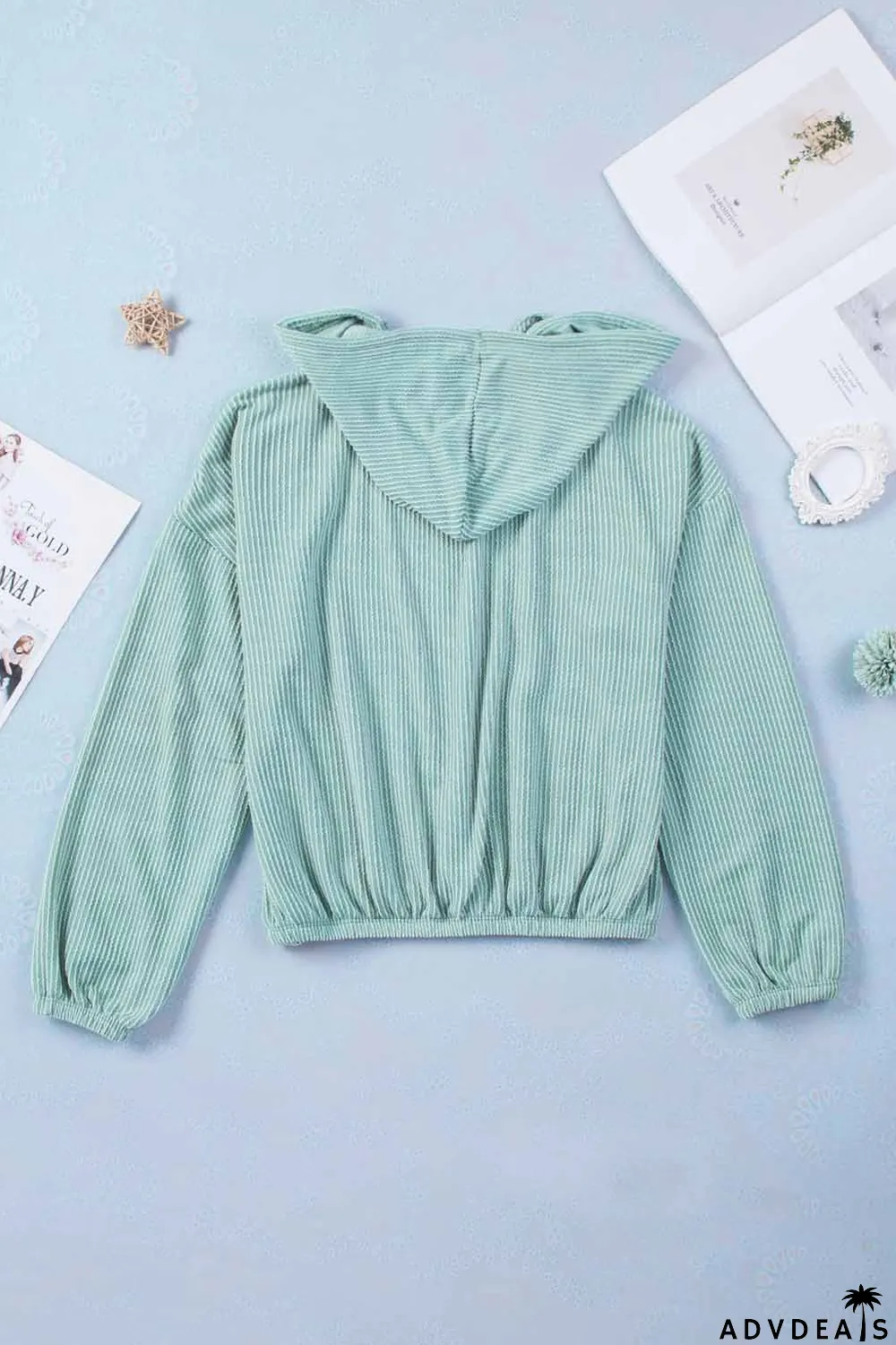 Green Loose Fit Ribbed V Neck Hoodie