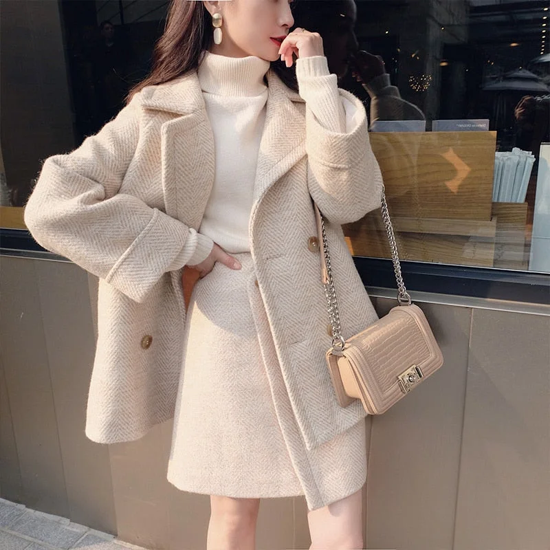 Winter Faux Wool Jacket And Skirt Set Korean Coat Female Za Women Manteau Womens Autumn Basic Fashion Femme Thick Cape Cloak
