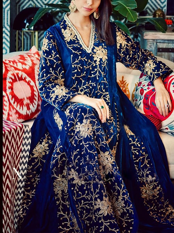 V neck printed velvet blue kaftan dress