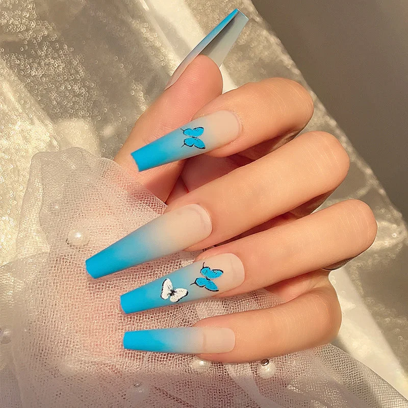 Blue Butterfly Frosted Matte Long-length Press On Nails with Jelly Double Sided Nail Adhesives 24 pcs