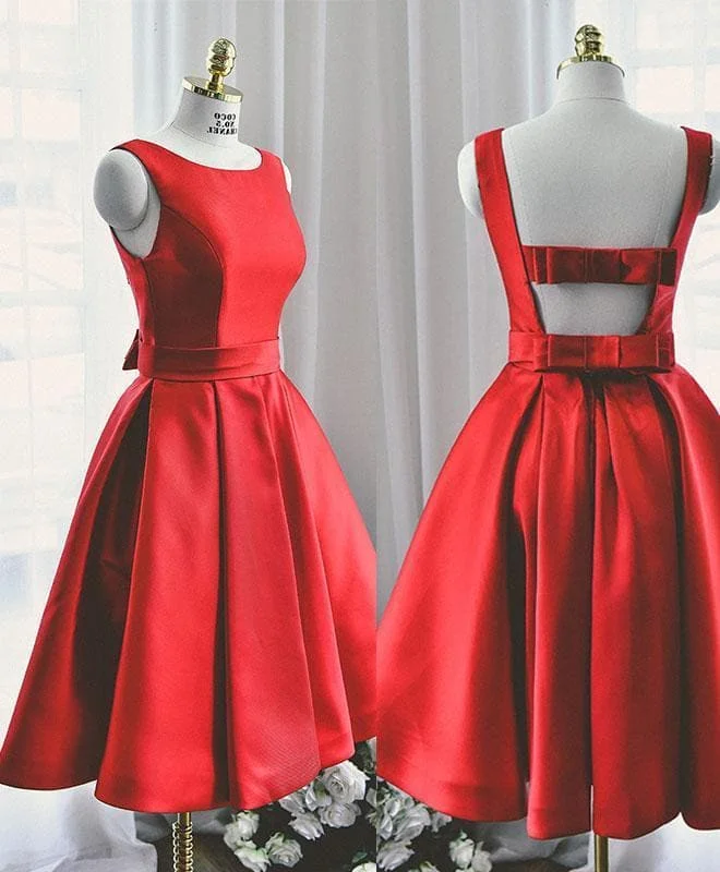Cute Red A Line Satin Short Prom Dress, Red Evenig Dress