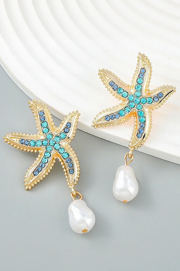 Beach Rhinestones Starfish Shape Pearl Pendant Earrings 2024 - Xpluswear