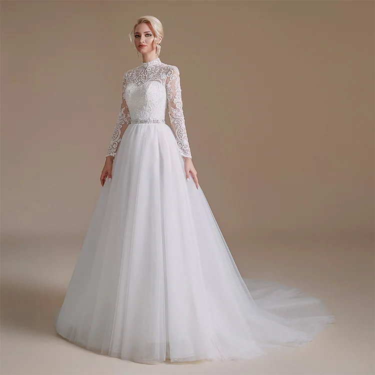High Neck Muslim Long Sleeves A Line Wedding Dresses with Beaded Belt Tulle Bridal Gowns