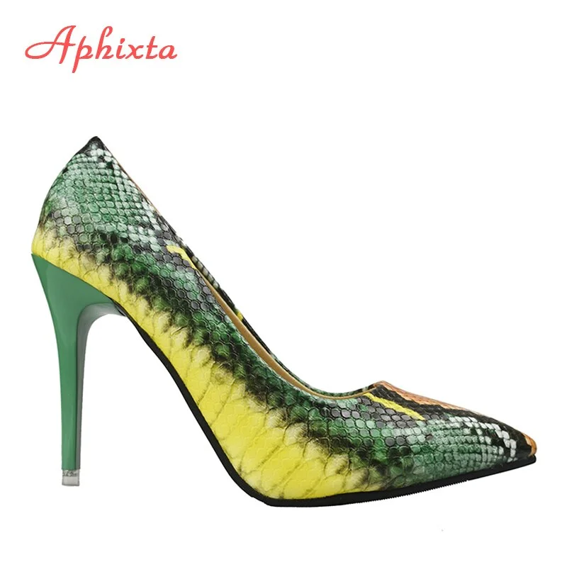 Aphixta Snake Prints Leather Pumps Women Shoes 10cm stiletto Heels Pointed Toe Office Party Dress Shoes Woman Big Size 42