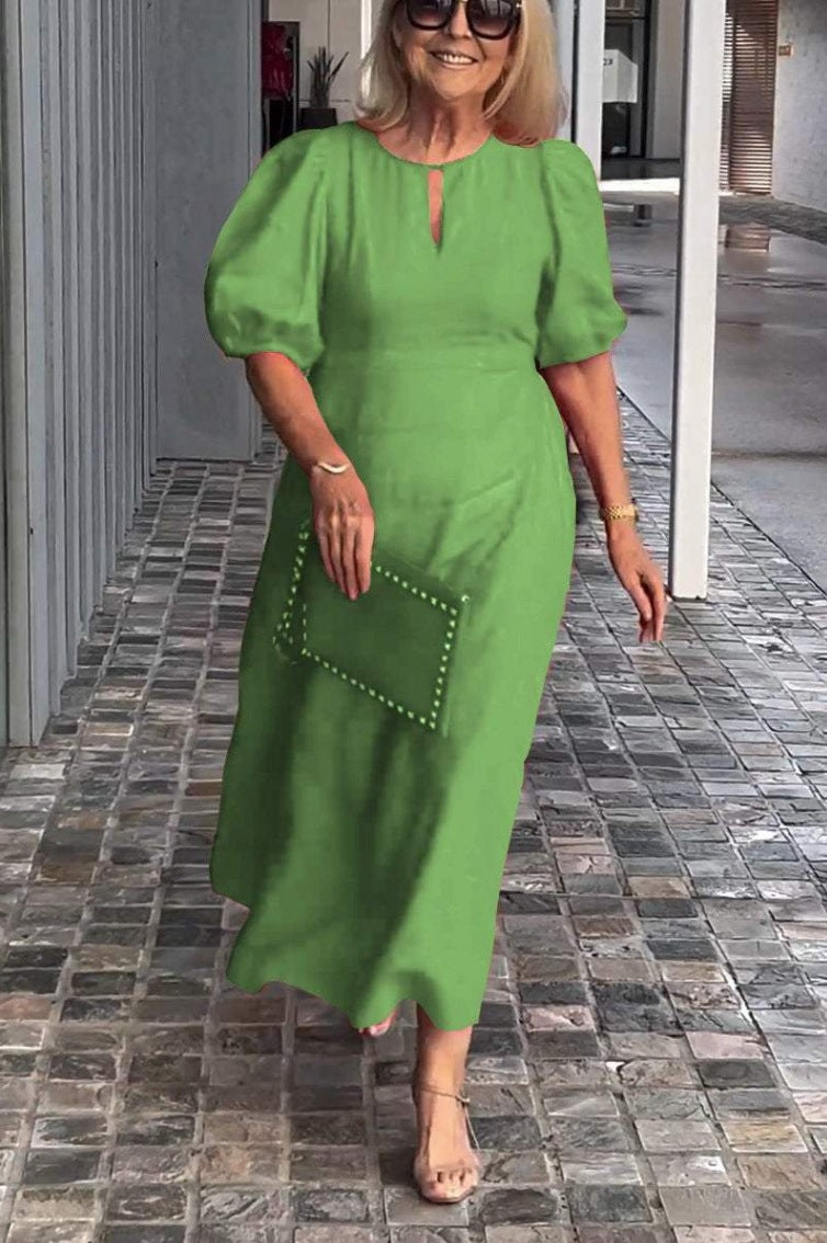 Women Half Sleeve V-neck Solid Color Dress