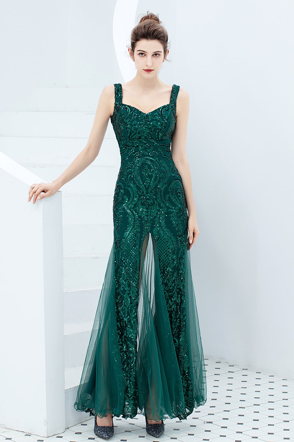 Luluslly Starps Sequins Evening Dress Mermaid Sleeveless Slit Front YE0103