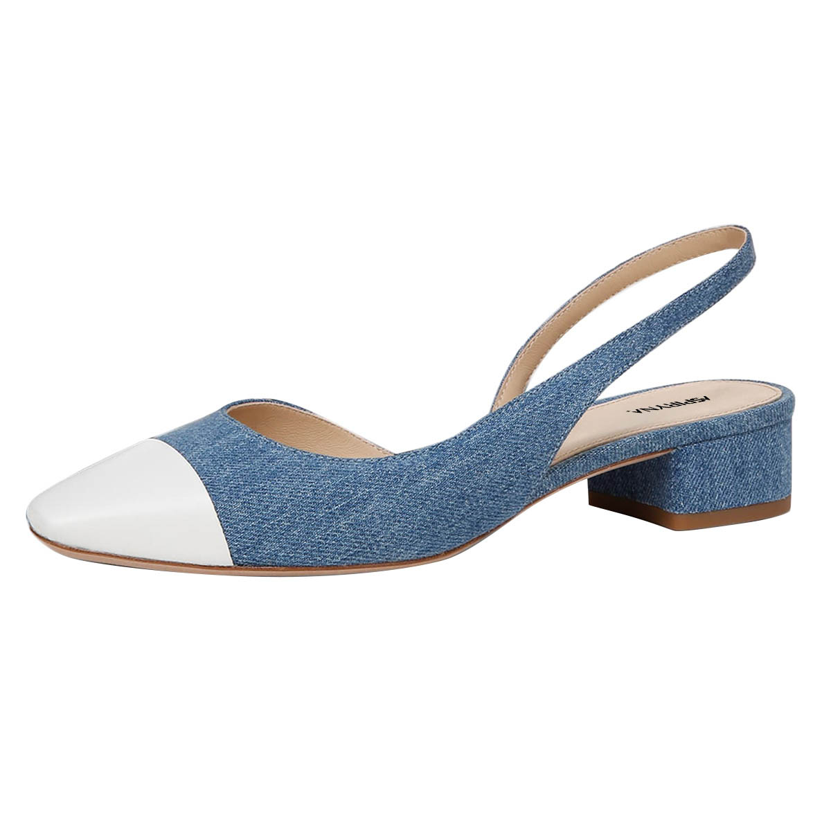 Blue & White Denim Patchwork Cap Toe Low Heel Pumps with Slingback Nicepairs