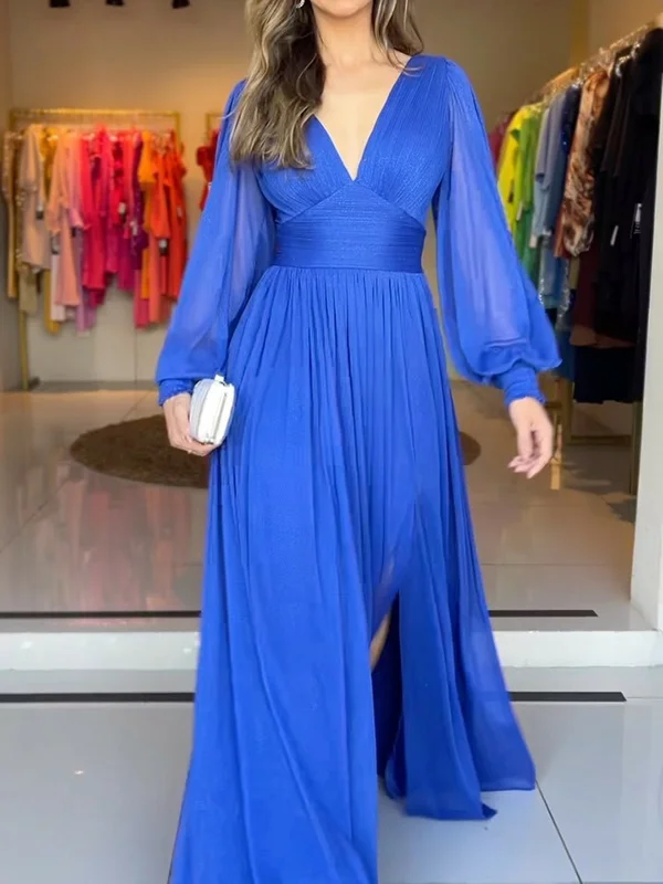Solid Color Empire Long Sleeves V-Neck Maxi Dresses