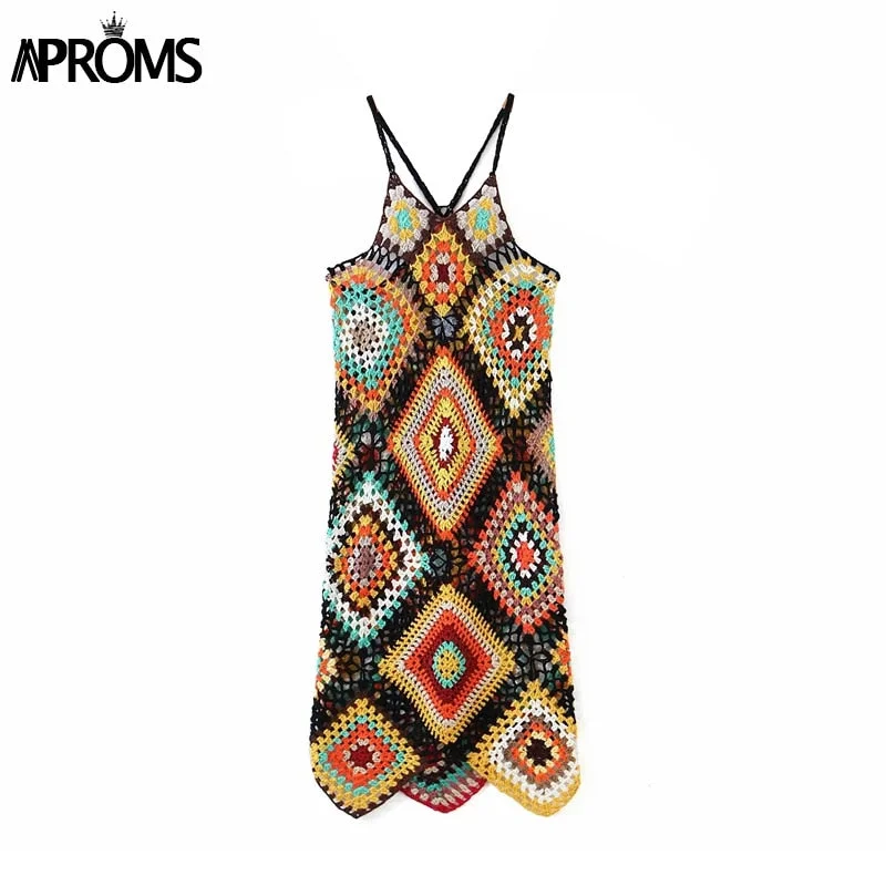 Aproms Boho Multi Color Crochet Knitted Midi Dress Women Summer Sleeveless Hollow Out Beachwear Dresses Sundresses Vestidos 2021