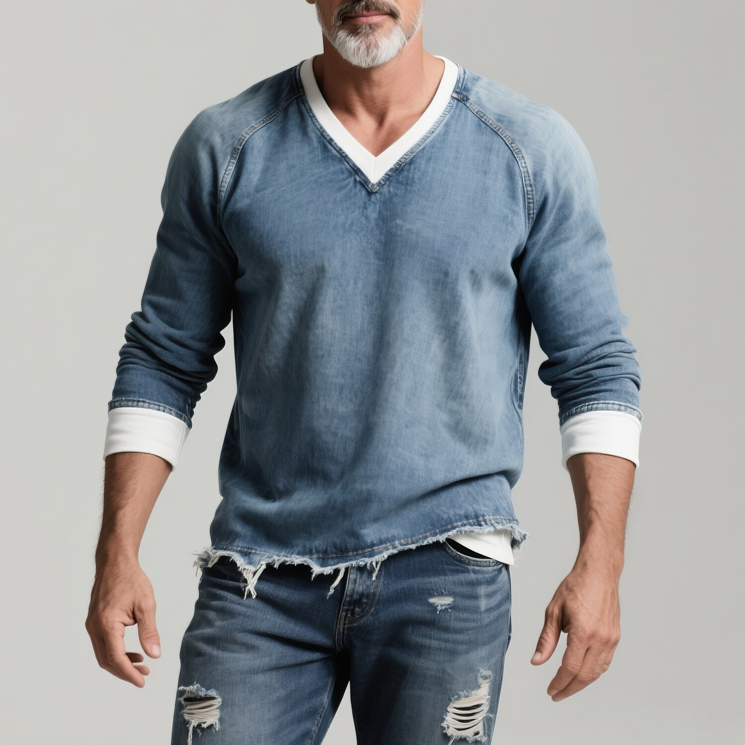 Men's Contrast Trim V Neck Long Sleeve Raw Hem Denim T-Shirt