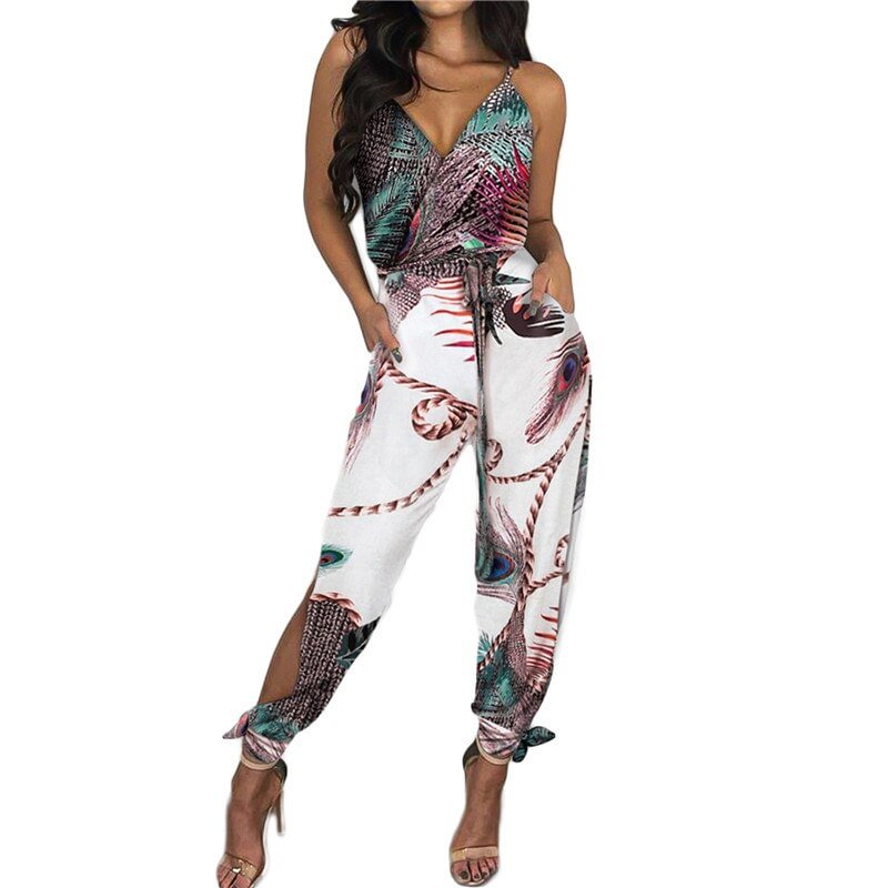Xinging Women Jumpsuit Spaghetti Strap Mixed Print Slit Leg Jumpsuit Sexy V-Neck Jumpsuits for Women Clubwear Outfits Rompers