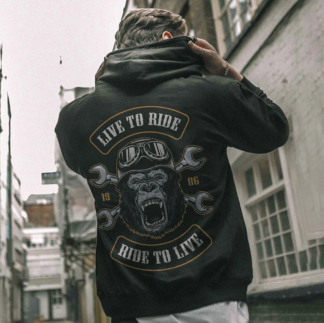 LIVE TO RIDE Skull with Helmet Graphic Black Print Hoodie