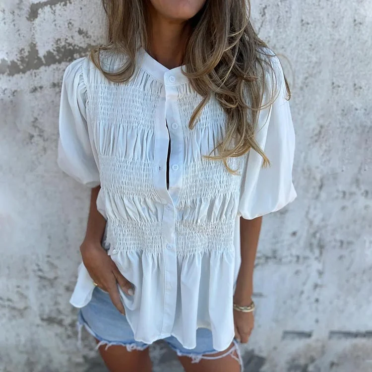 Women's Round Neck Button Casual Pleated Top