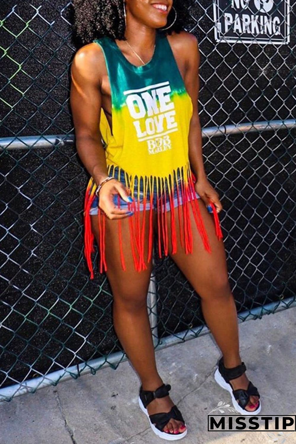 Multicolor Fashion Casual Letter Print Tassel O Neck Tops