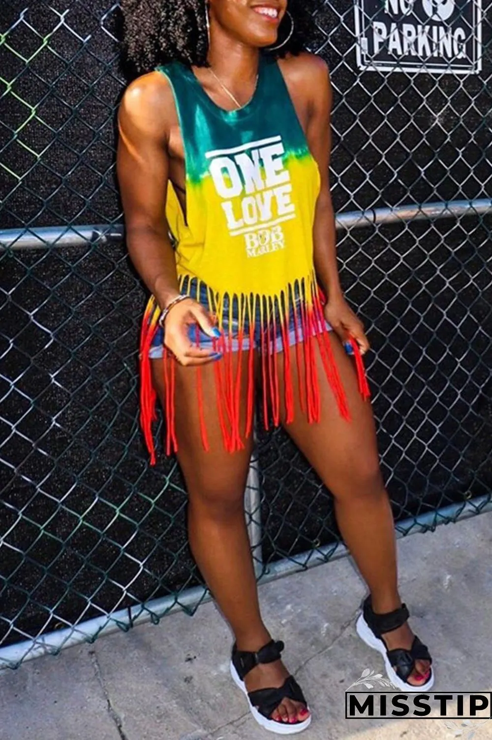 Multicolor Fashion Casual Letter Print Tassel O Neck Tops