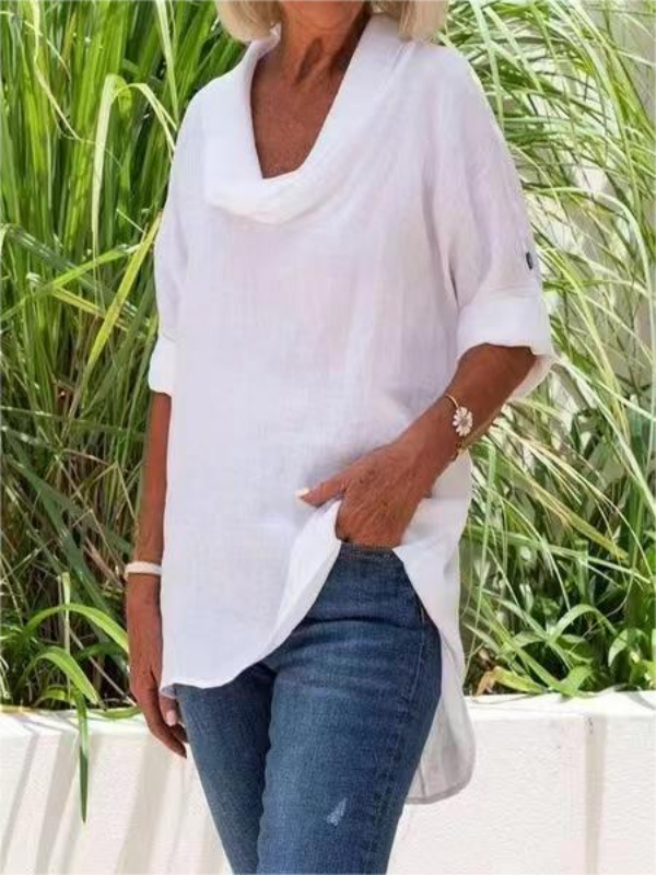 Women's Solid Cotton Hemp Casual Loose Pullover Shirt