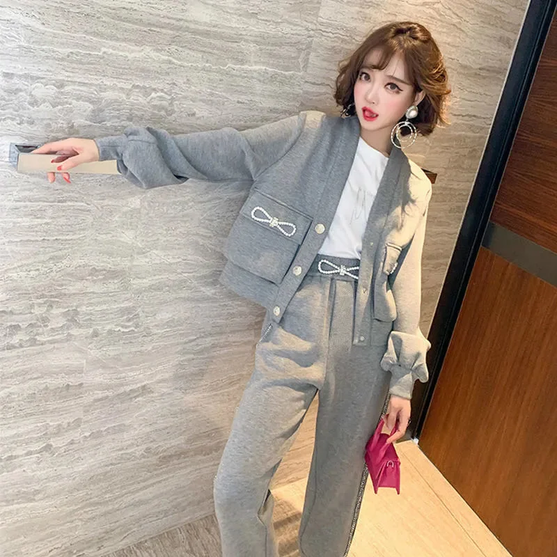 Huiketi Winter Single-breasted Bow Women Suit Women's Tracksuits Casual With V-neck Causal Coat+ Pants For Women Two Pieces Sets