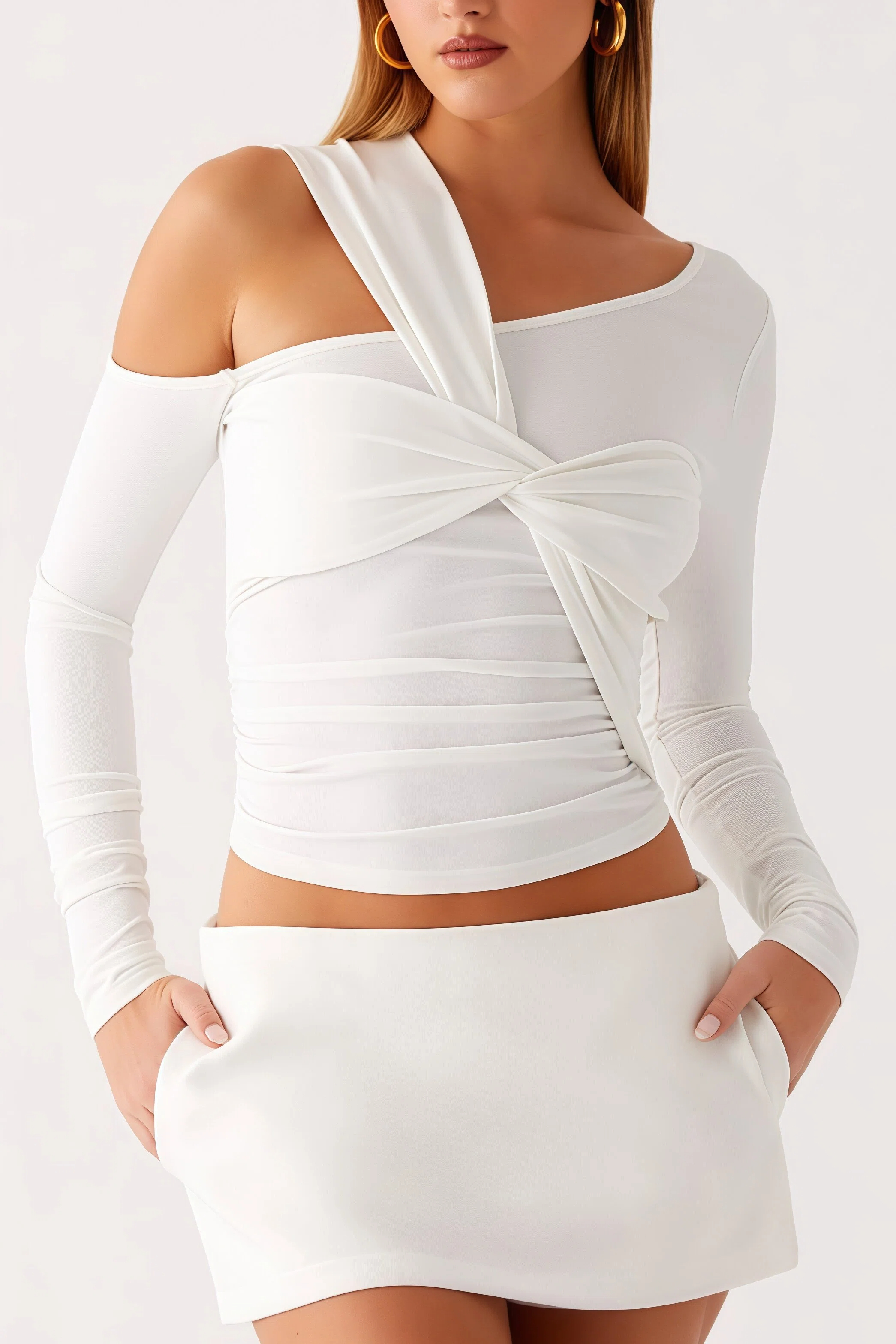 Asymmetric Off-Shoulder Twist-Front Crop Top - HIGIANNA&reg;