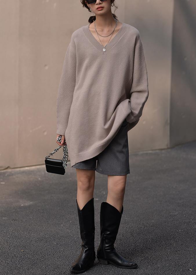 VCSHOES brown knit blouse v neck Loose fitting fall knitted blouse