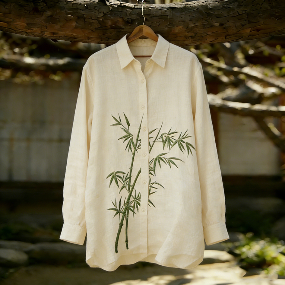 Japanese Simple Style Bamboo Pattern Design Casual Linen Shirt  artssus