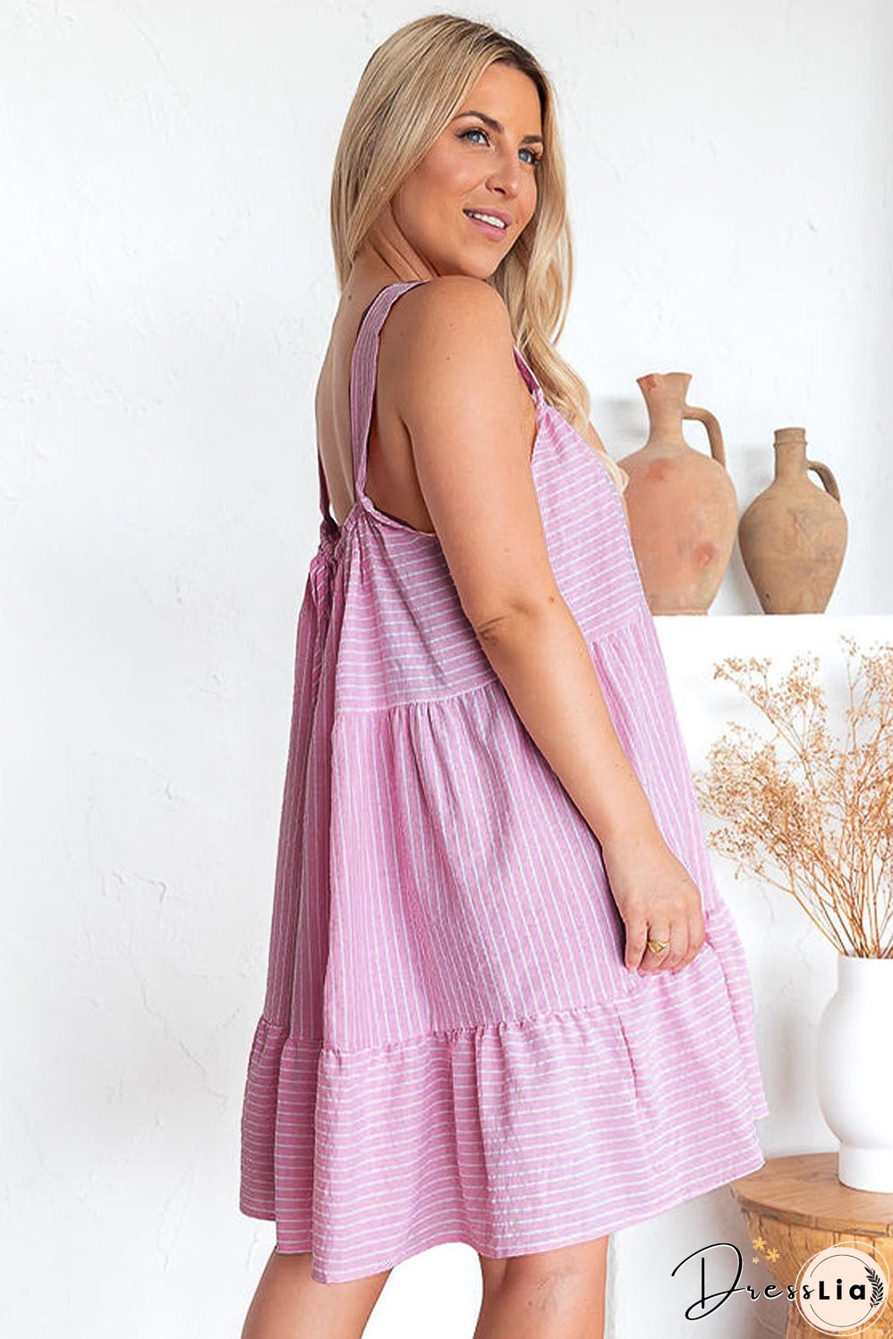 Pink Stripe Pinstriped Ruffled Hem Sleeveless Mini Flared Dress