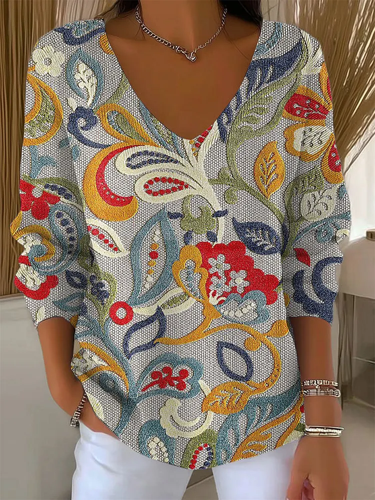 Women's Vintage Flower Art Print Casual Pullover Sweater