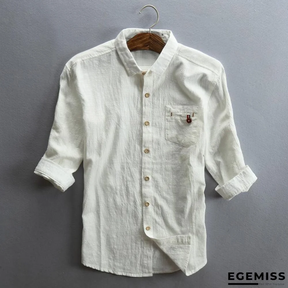 Men Spring/Fall 3/4 Sleeve Loose Turndown Collar Shirts Linen | EGEMISS