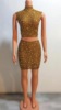 TAAFO Two Piece Women Clothing Sleeveless Pink Dress Shiny Rhinestones Dress For Ladies