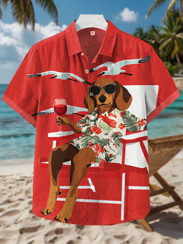 Men's Dog Holding A Glass Of Red Wine Seagulls Vacation Art Print Short Sleeve Shirt