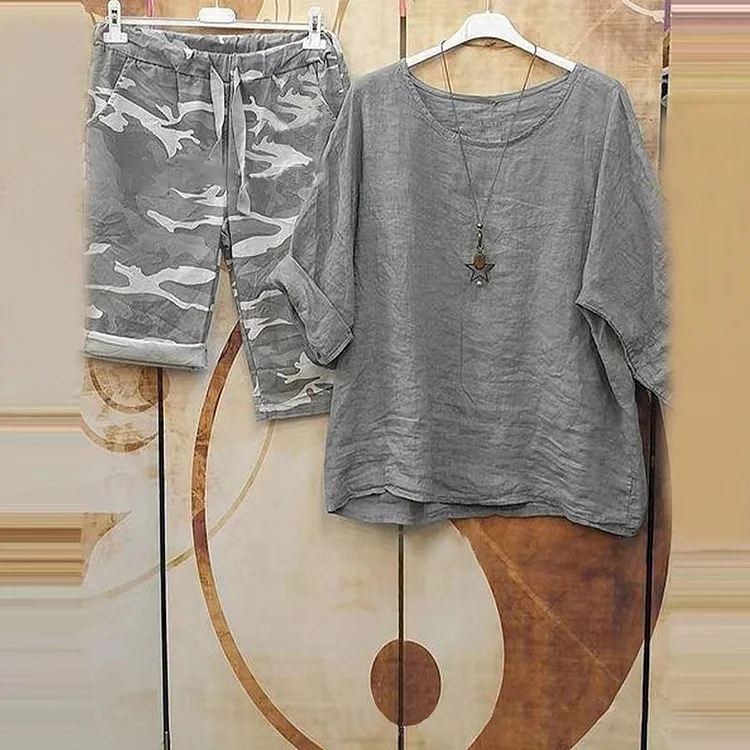 VChics Summer Casual Camouflage Print Short Sleeve Two Piece Set