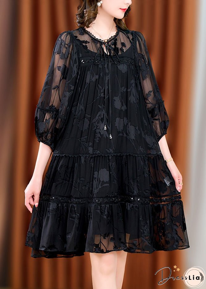 Unique Black Wrinkled Jacquard Patchwork Tulle Mid Dresses Fall