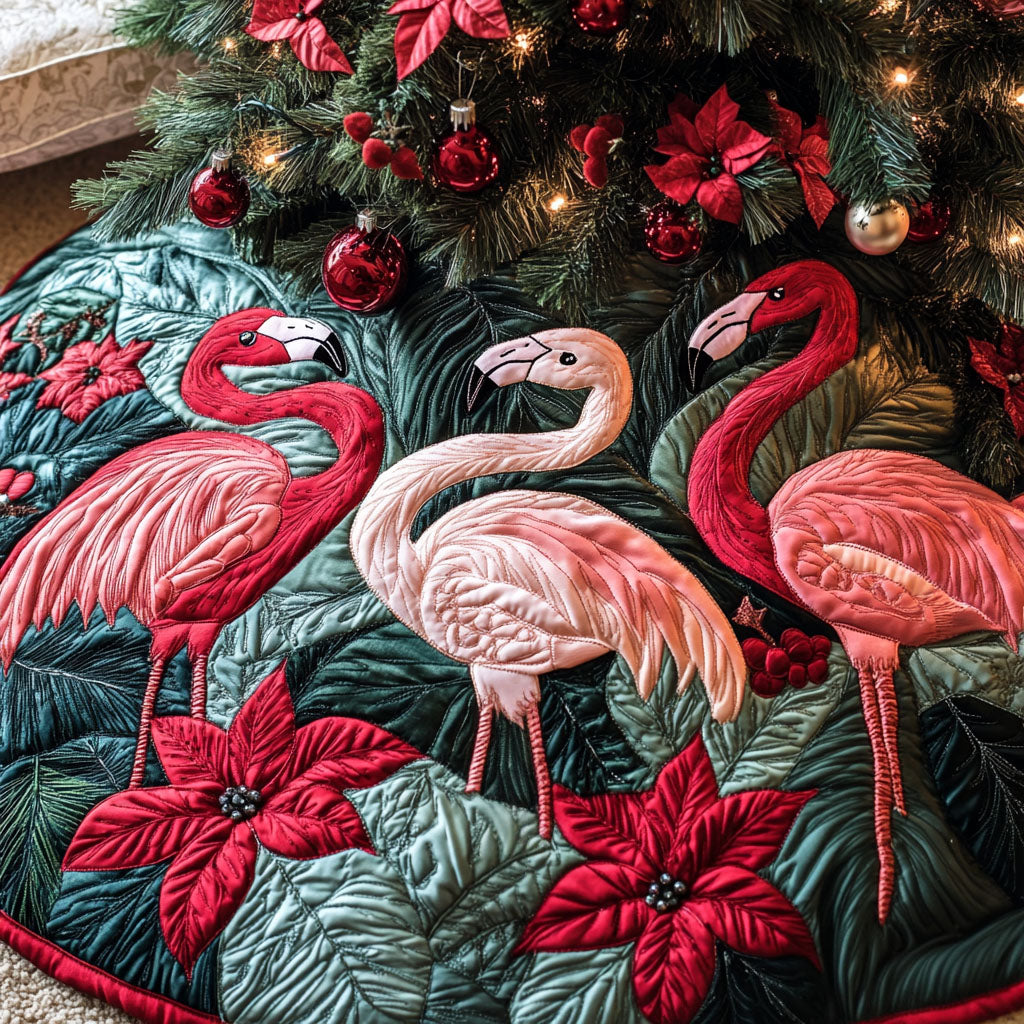 Festive Flamingos Quilted Christmas Tree Skirt NCU0PT2664