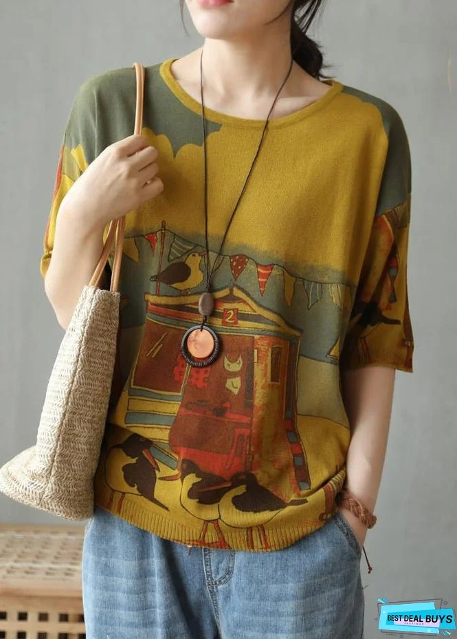 Yellow Cozy Patchwork Cotton Knit Top O Neck Short Sleeve
