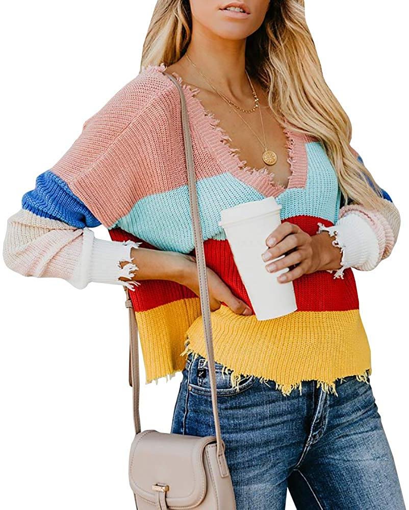 Womens Cropped Loose Rainbow Pullover Sweater V Neck Sweaters Blouse