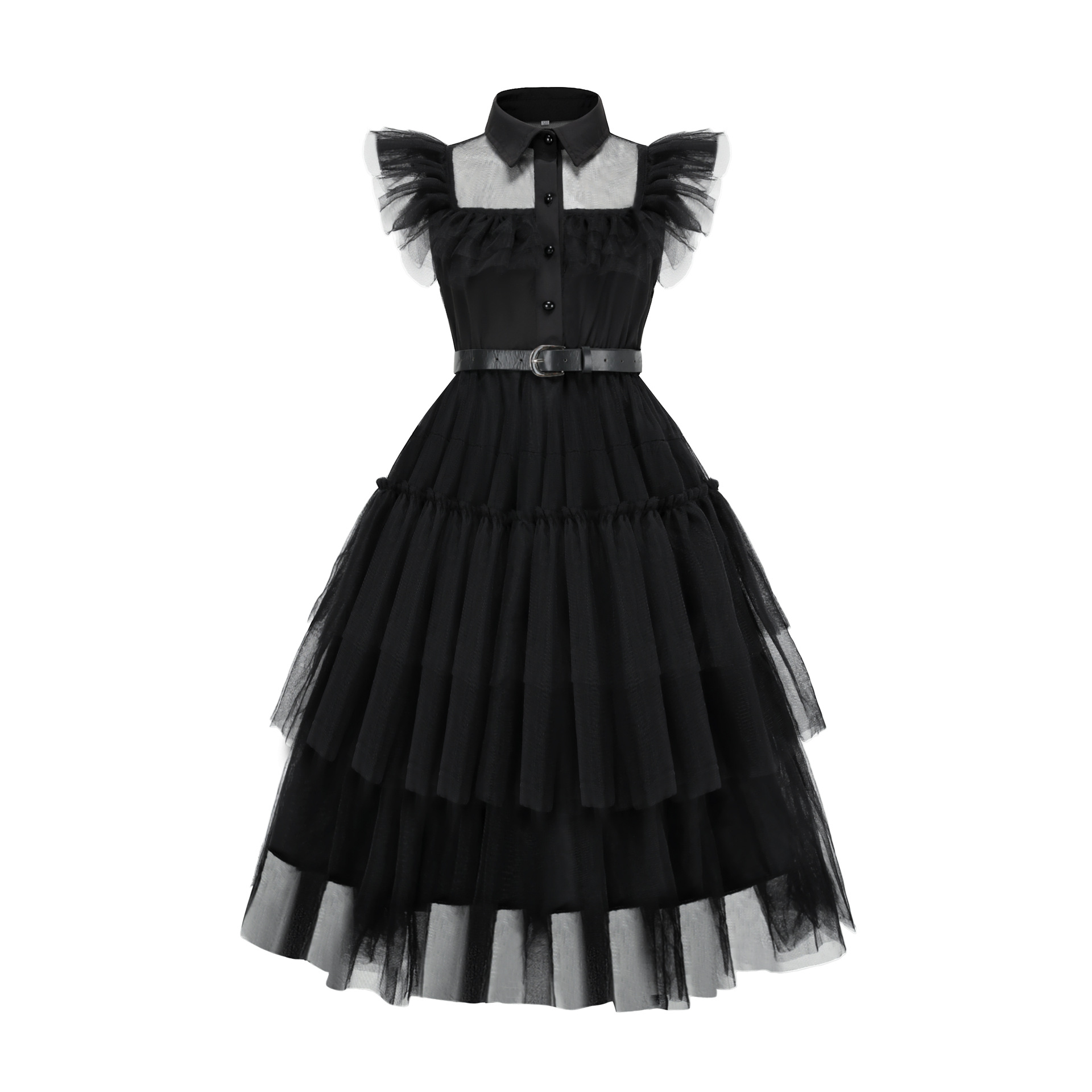 Girls' Addams Family Wednesday Inspired Cosplay Dress - Puff Sleeve & Cinched Waist Performance Gown