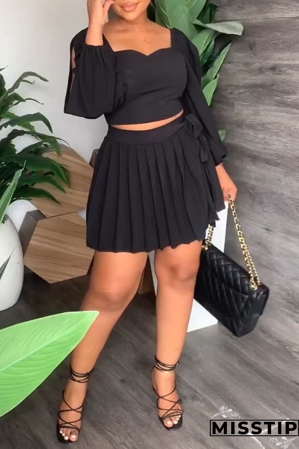 Black Casual Solid Bandage Patchwork Fold Square Collar Long Sleeve Two Pieces