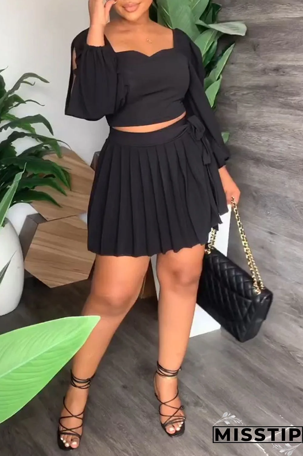 Black Casual Solid Bandage Patchwork Fold Square Collar Long Sleeve Two Pieces