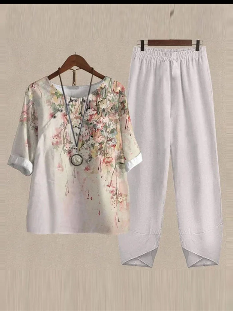 Women's Round Neck Short Sleeve Floral Printed Top Trousers Two-Piece Set