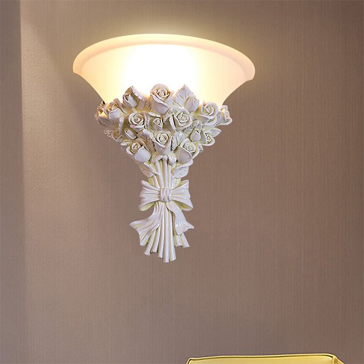 Cone Wall Lighting Colonialist White Glass 1 Head Sconce Light Fixture with Flower Resin Decoration for Living Room