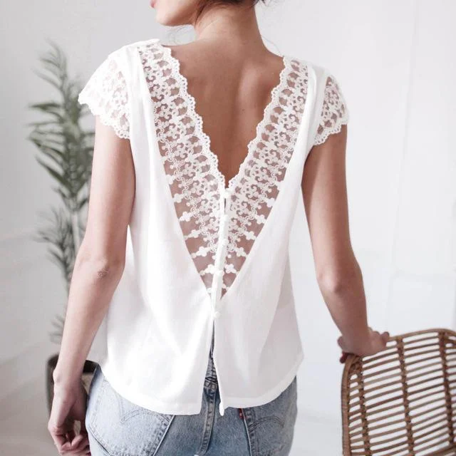 Women's Blouses Elegant Lace Backless Button Fashion Woman Blouses V-Neck Blouses