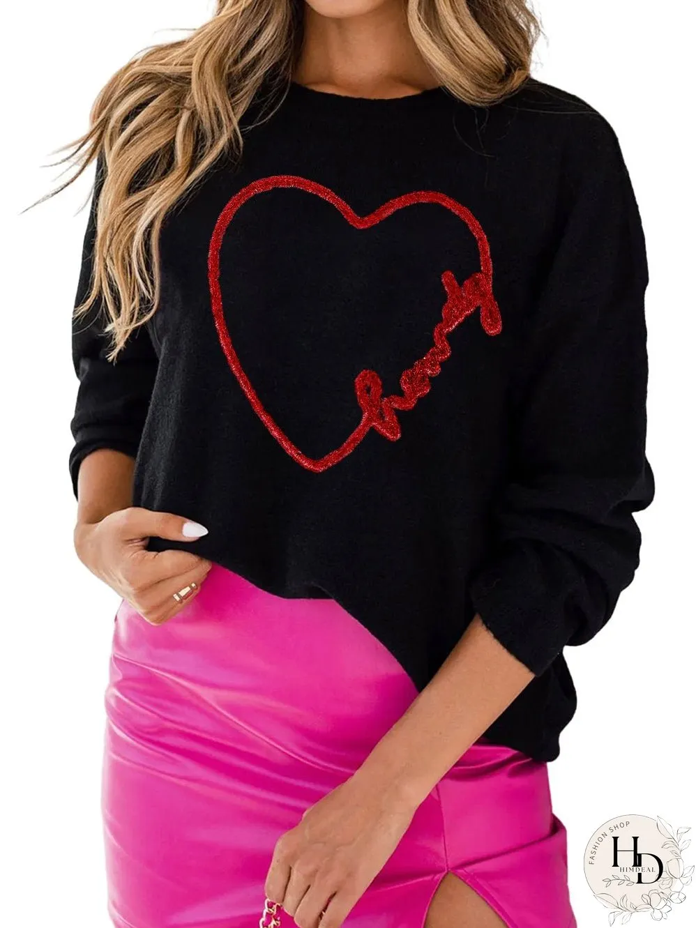 Heartfelt Black Graphic Round Neck Sweater