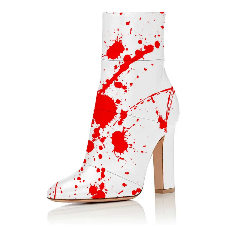 White Red Blood Chunky Heel Boots Ankle Boots for Halloween |FSJ Shoes
